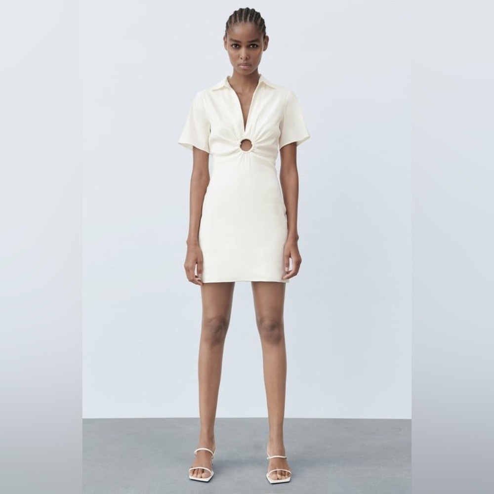 Zara White Linen Mini Dress Ring Cut-Out Detail